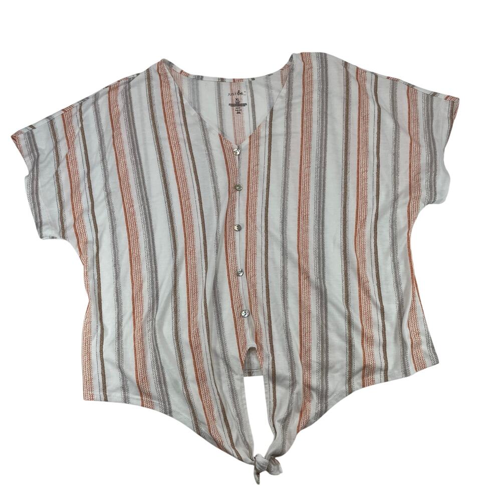Just Be Striped Tie Front Top Orange Grey White V-Neck XL Women’s Short Sleeve